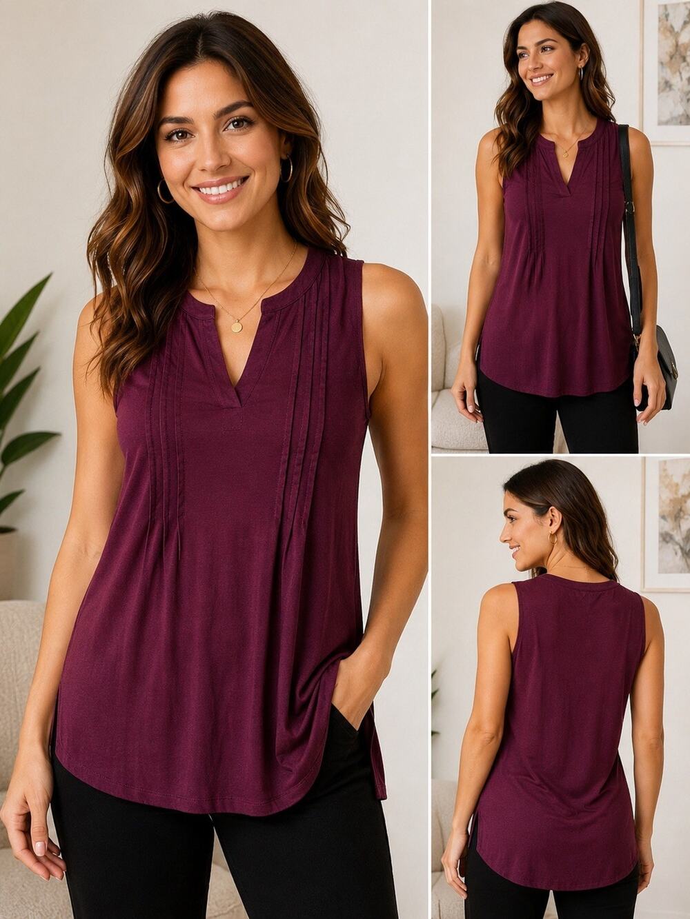 Banana Republic Purple Pleated Split Neck Knit Tank Top Women’s S